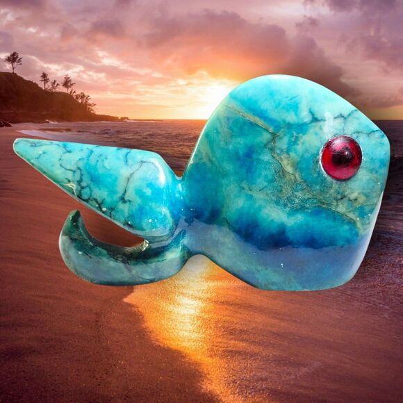 MCM Style Blue Stone Fish Figurine Chrysocolla Look Red Eyes Unique Decor Rare - Picture 3 of 12